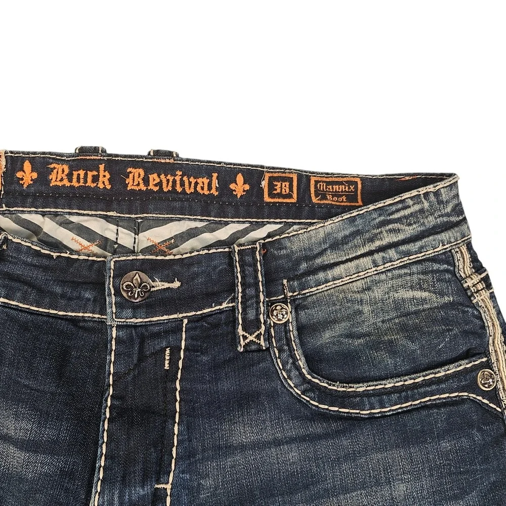 Rock Revival Mannix Bootcut Jeans Mens 38 Dark Wash Heavy Stitch E6510BL Blue